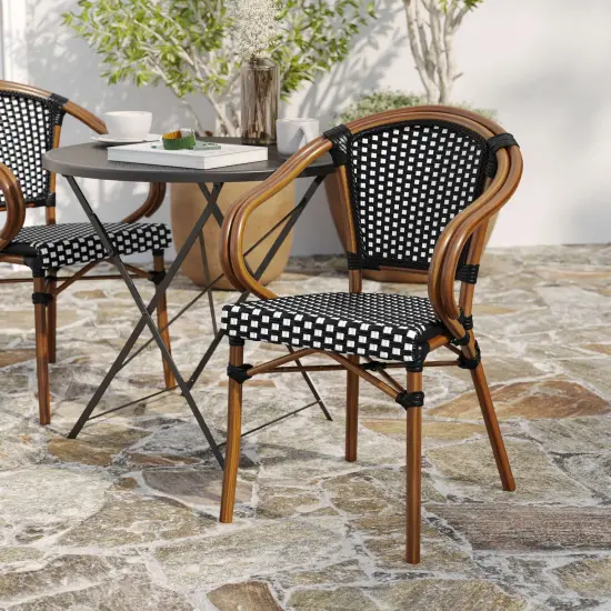 Merrick Lane Sacha Stacking Thonet Bistro Style Chair with Arms, PE Rattan Seat, and Bamboo Finished Metal Frame for Indoor/Outdoor Use Black&White/Natural {3}