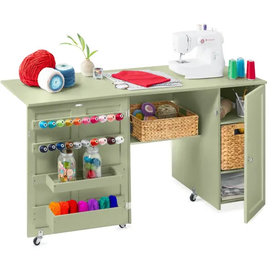 Best Choice Products Large Portable Multipurpose Folding Sewing Table w/ Magnetic Doors, Craft Storage Light Green {1}