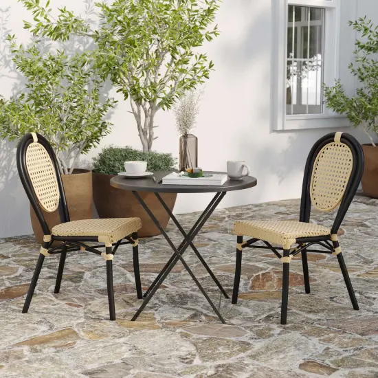 Merrick Lane Toulon Set of Two Stacking Thonet Bistro Style Chair, PE Cane Rattan Seat, and Metal Frame for Indoor/Outdoor Use Natural/Black Frame {3}
