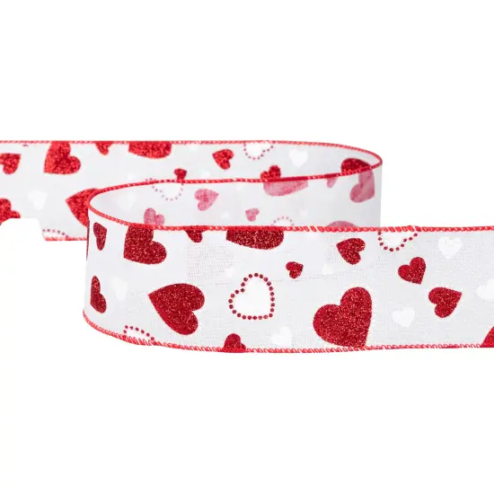 Northlight Glitter Hearts Valentine's Day Wired Craft Ribbon- 2.5" x 10 Yards - White and Red {5}
