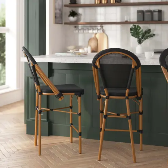 Merrick Lane Mael Set of Two Stacking Bistro Style Counter Stools with Textilene Backs and Seats and Metal Frames for Indoor/Outdoor Use Black/Natural Frame {1}