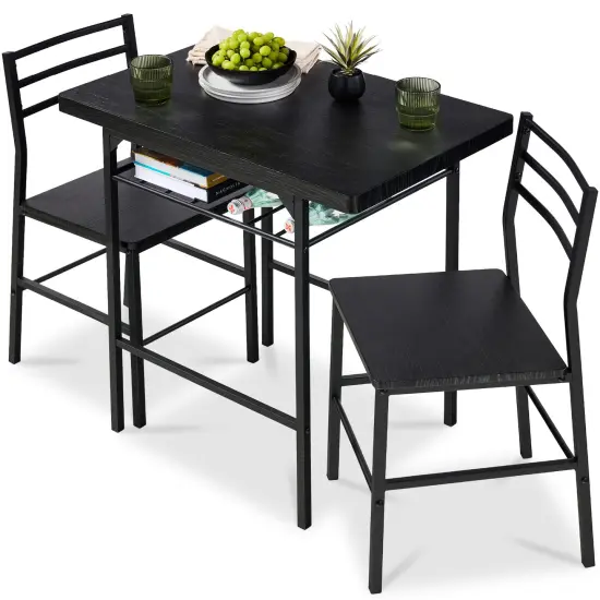 Best Choice Products 3-Piece Modern Dining Set, Square Table & Chairs Set w/ Steel Frame, Built-In Storage Rack Black/Black {1}