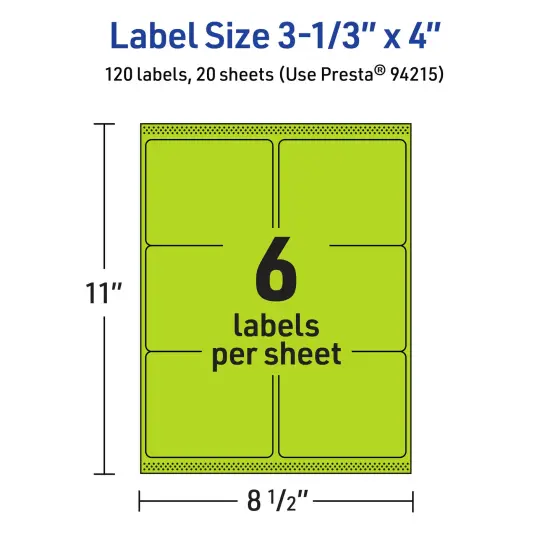 Avery Bright Green Paper Labels, 3-1/3" x 4" Rectangle {5}