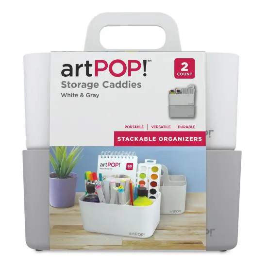 artPOP! Stackable Storage Caddies, Set of 2, White & Gray, Customizable, Multipurpose Organizer Tote with Handle, Perfect for Art Supplies, Crafts, Classrooms {3}
