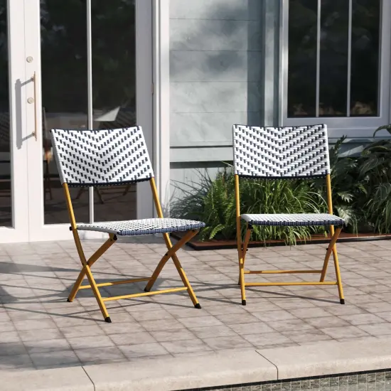 Emma and Oliver Ciel Set of Two Folding Bistro Chairs in PE Rattan with Metal Frames for Indoor and Outdoor Use Navy & White {1}
