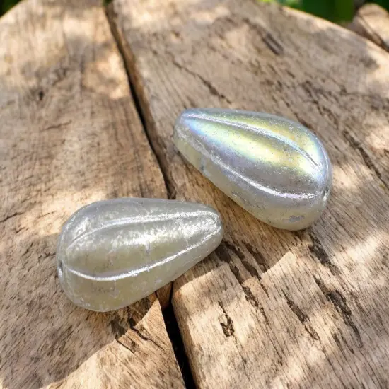 *6* 22x11mm Silver Mercury Washed Grey Opaline AB Melon Drop Beads {4}