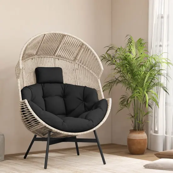 Costway Oversized Egg Style Chair with Cushions & Headrest Heavy-Duty Metal Frame for Yard Off White/Grey/Black {2}