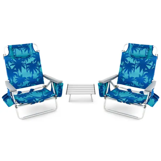 Costway 2-Pack Folding Backpack Beach Chair Table Set 5-Position Outdoor Reclining Chair Blue/Navy/Pink/Pattern/Flower/Yellow {11}
