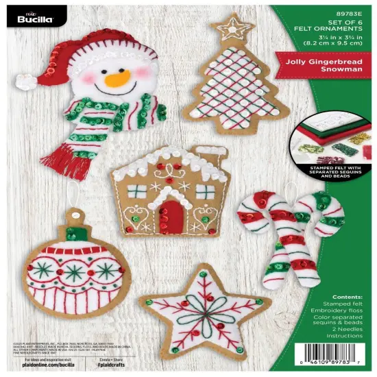 Bucilla Felt Ornaments Applique Kit Set Of 6-Jolly Gingerbread Snowman {1}