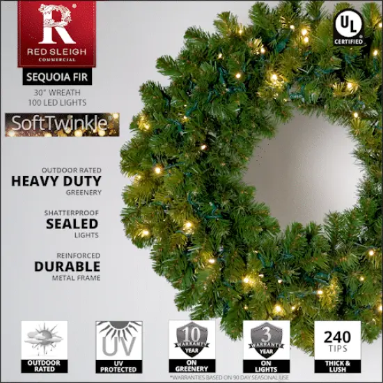 30" Pre-lit Commercial Sequoia Fir LED Christmas Wreath, 100 Warm White SoftTwinkle Lights {5}