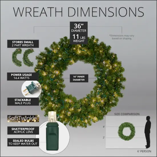 36" Pre-lit Commercial Sequoia Fir LED Christmas Wreath, 150 Warm White SoftTwinkle Lights {4}