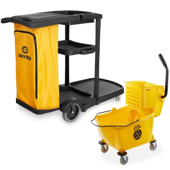 Dryser Commercial Janitorial Cleaning Cart on Wheels with Cover, Shelves and Vinyl Bag & Commercial Mop Bucket with Side Press Wringer, 26 Qt. Yellow {1}