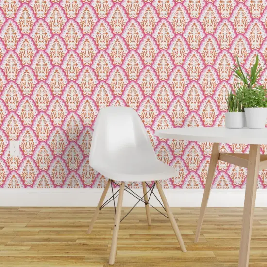 Pre-Pasted Wallpaper 2FT Wide Chinoiserie Scallop Grandmillenial Paisley Pink Orange Block Print French Country Custom Pre-pasted Wallpaper by Spoonflower {1}