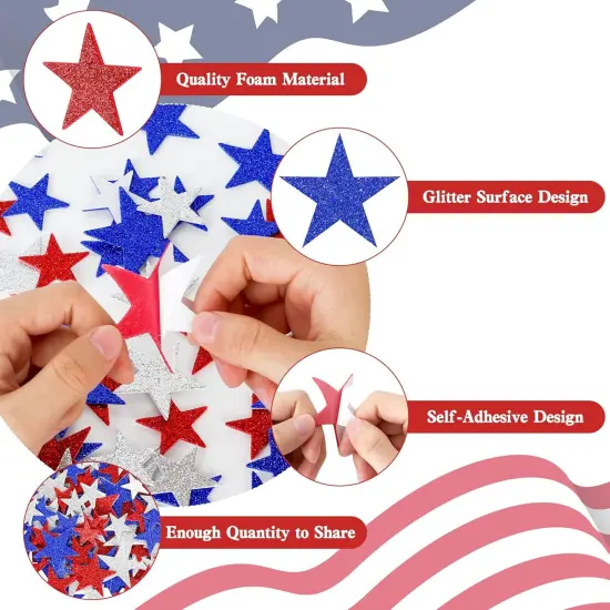 300 PCS 4th of July Star Stickers, Red Silver and Blue Glitter Stickers {3}