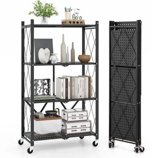 4-Tier Black Fold-able Storage Shelf Collapsible Storage Rack with Lockable Wheels {4}