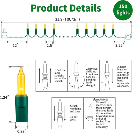 Super-Bright Extendable Yellow Christmas Lights Decoration 150Lights 31.9ft UL Certified Mini Bulb String Light Set for Outdoor Christmas Tree Garden Holiday Party Patio Wedding Garland Decor {5}