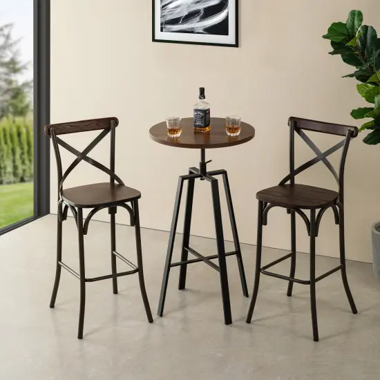 Industrial Rustic High Bar Stools With Solid Elm Wood Seat and Back Support & Bar Table With Adjustable Round {7}