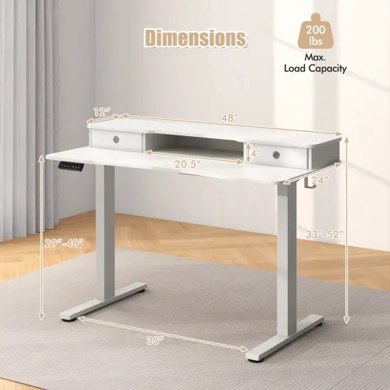 White Height Adjustable Electric Standing Desk with 2 Fabric Drawers {3}