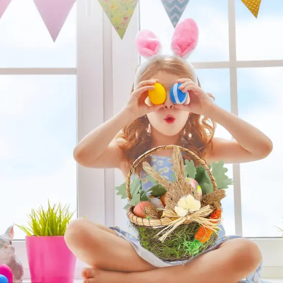 Bunny Easter Woven Basket for Party Favors, Handmade Wicker Rattan Easter Candy Eggs Baskets for Kids, Cute Rabbit Picnic Hamper for Easter Egg Hunt Party Gifts Toy Storage {4}