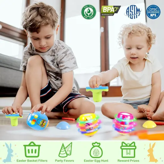 Light Up Easter Eggs Toy Gifts for Kids, 6 Cute Easter Egg Spinning Tops with Flash & Music {2}
