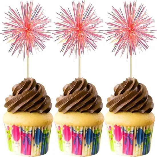 30Pcs Foil Firework Cupcake Toppers Sparkle Tinsel Cake Toppers Tinsel Drink Cake Decoration Cocktail Picks for Birthday Wedding Graduation Party Supplies Laser Orange {1}