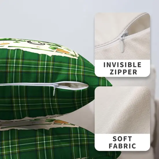 St Patricks Pillows Covers 18x18 Lucky Green Truck Filled with Shamrock Hat Gold Coin Throw Pillow Covers Green Buffalo Plaid {4}