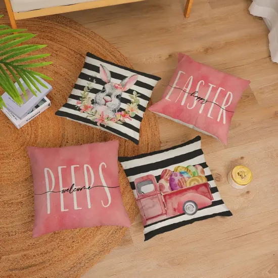 Pink Easter Pillow Covers 18x18 Set of 4 Spring Easter Throw Pillow Covers Easter Rabbit Bunny Eggs {2}