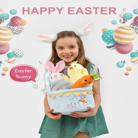 Easter Basket -My First Easter Basket Stuffed Plush Playset Baby's First Easter Basket Stuffed Cartoon Bunny Easter Egg Plush Basket for Kids 5pcs (Blue) {2}