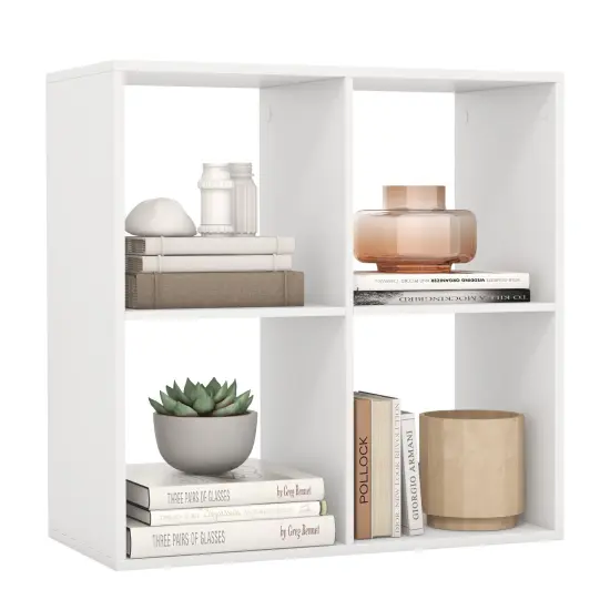 White 4 Storage Cube Bookshelf with Open Back Guardrail for Living Room Bedroom {4}