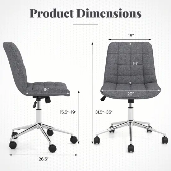 Adjustable Height Upholstered Armless Desk Chair with 5 Smooth Rolling Wheels and Metal Base {4}