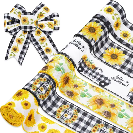 36 Yard Sunflower Wired Edge Ribbon 6 Roll 2.5 Inch Buffalo Plaids Flower Fabric Ribbon Spring Summer Floral Decorative Craft Ribbon for Gift Wrapping Decor Hair Bow Sewing Wreath Crafts {1}