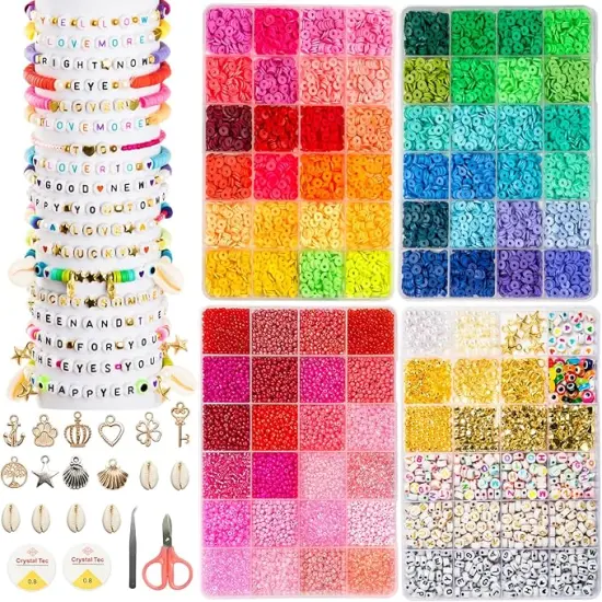 Friendship Bracelet Kit 4 Boxes-13056 Pcs 72 Colors Bracelet Making Kits with Clay Beads, 7200 Pcs Glass Seed Beads and 3 Styles Letter Beads with Charms for Bracelet Making Gift {1}
