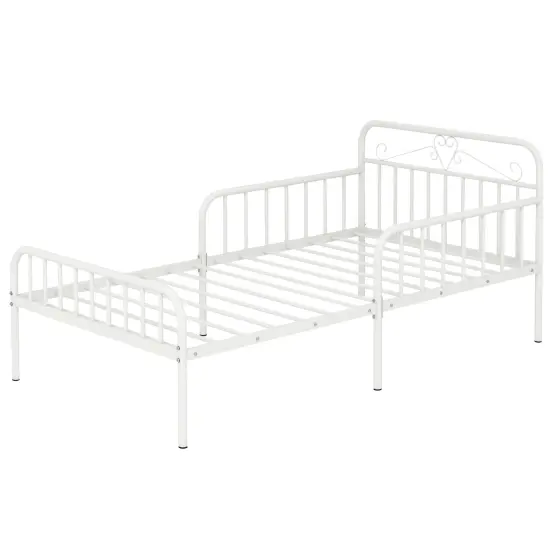 Twin Size Metal Bed Frame with Headboard Included Safety Side Guardrails White {3}