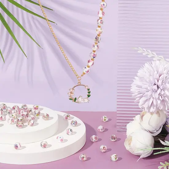 60pcs 9~10mm Rose Lampwork Beads Gold Sand Glass Beads Handmade Flower Glass Beads Round Loose Beads for Rosary Making Jewelry Craft Making with 1.5~2mm Hole - White {4}