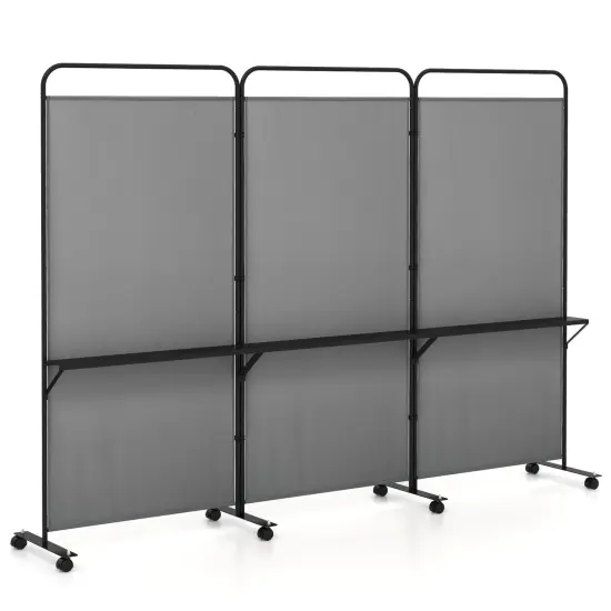 3-Panel Folding Room Divider with 3 Metal Shelves and Lockable Wheels White {8}