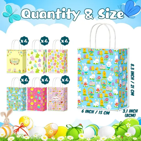 24 Pieces Easter Gift Bags Bulk, Easter Party Bags Supplies, Easter Paper Bags with Handles, Bunny Paper Cookie Candy Treat Goodie Bags for Easter Kids Boys Girls Birthday Party Favors Gift Wrapping {4}