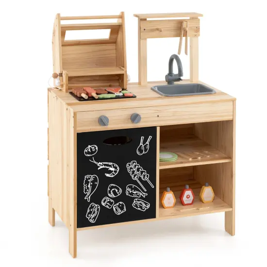 Wooden Barbecue Grill Playset with Chalkboard and Sink and Cabinet-Natural {1}