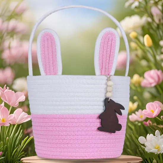 Easter Basket Empty Easter Baskets for Kids Boys Girls with Bunny Tag Egg Basket Eater Gifts Basket Toddler Teens Babys First Easter Basket with Handle Pink White {1}