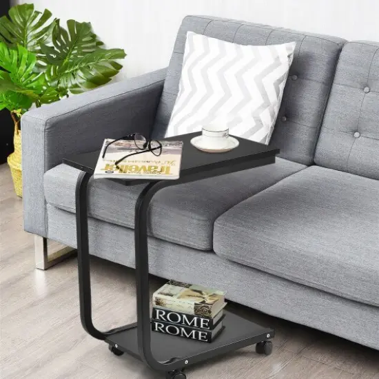 2-Tier Black Side Table with Wheels Rolling Bedside Nightstand with Shelves for Small Spaces {2}