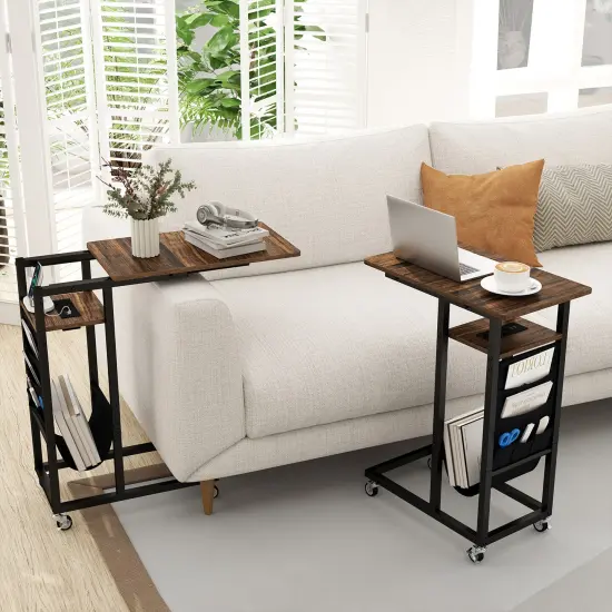 C-shaped End Table with Charging Station and Retractable Tabletop-Rustic Brown {3}