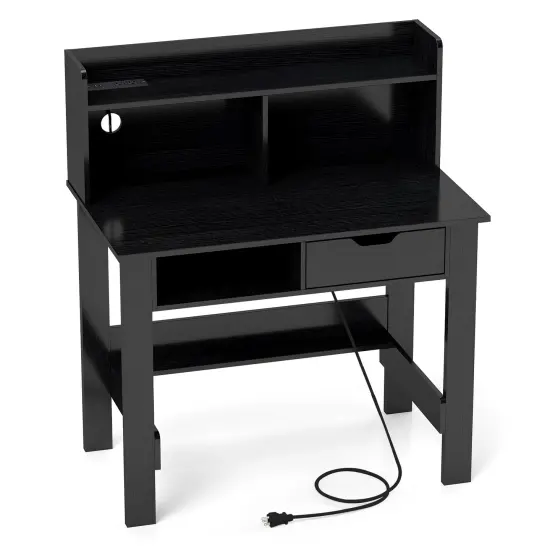 Black Wooden Computer Desk with 2 Outlets, 2 USB Ports and 1 Type-C Port {1}
