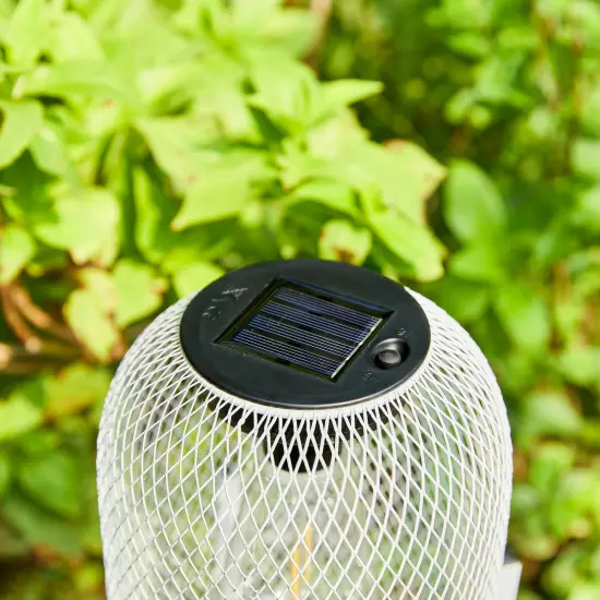 Set of 2 White Metal Mesh Solar Powered Edison Bulb Outdoor Lantern with Stand {6}