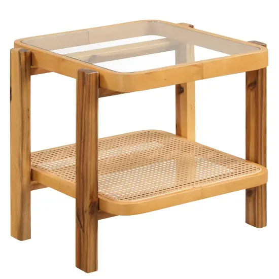 Rattan 2-Tier End Side Table with Tempered Glass Top Acacia Wood Legs-Natural {1}