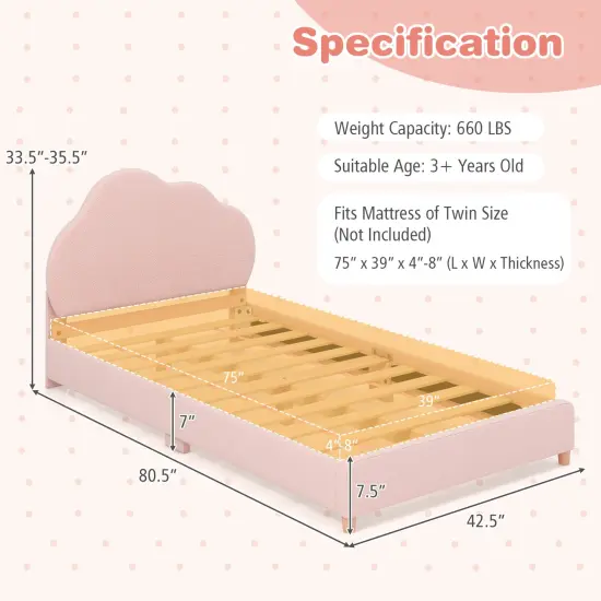 Velvet Kids Twin Bed with Adjustable Headboard Sturdy Wooden Frame and Soft Upholstery Gradient Pink {5}