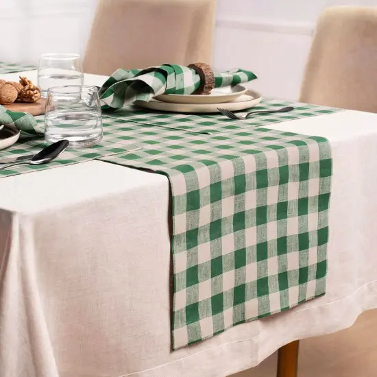 Checkered Linen Table Runner 60 inch - 100% Pure Linen Green and Natural Plaid Table Runner 14 x 60 Inch Ideal for Dresser and Coffee Tables - Morgan Check {2}