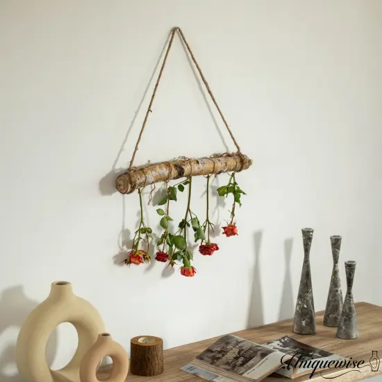 Uniquewise 15" Natural Wooden Log Hanging Wall Decor - Rustic Farmhouse Accent for Entryway Living Room Kitchen Boho Interiors and Cozy Spaces Ideal for Displaying Fairy Lights & Small Fabrics, White {4}