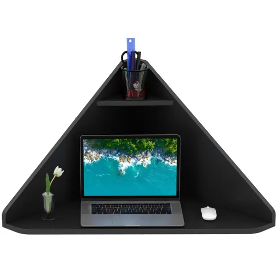 Floating Triangular Corner Computer Desk with Storage Shelf Black {1}