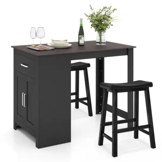 3-Piece Bar Table Set for 2 with 2 Saddle Stools for Dining Room-Black {1}