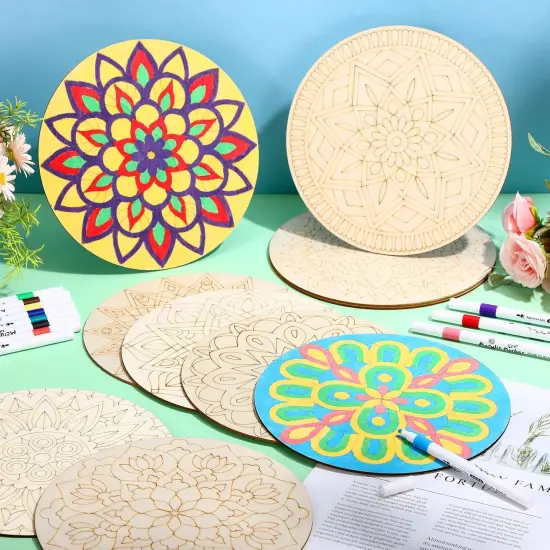 22 Pack DIY Wooden Mandala Art Set 10 Mandala Unfinished Wood Cutouts 12 Markers Lotus Flower Wood Painting Kits for Adults Painting, DIY Crafts Home Decors(Abstract Style) {4}