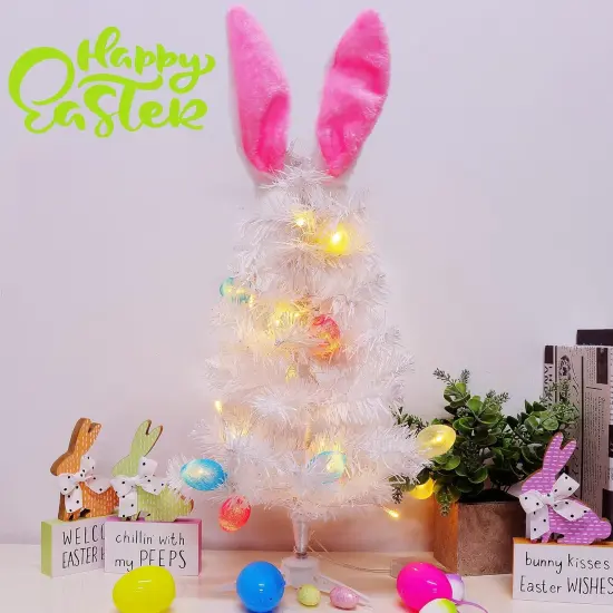 Easter Table Decorations, 23 Inch Lighted Easter Bunny White Tree, Pre-lit Artificial Tabletop Tree with Bunny Ears and Eggs, Battery Operated Light Up for Indoor Spring Home Bedroom Decor {5}